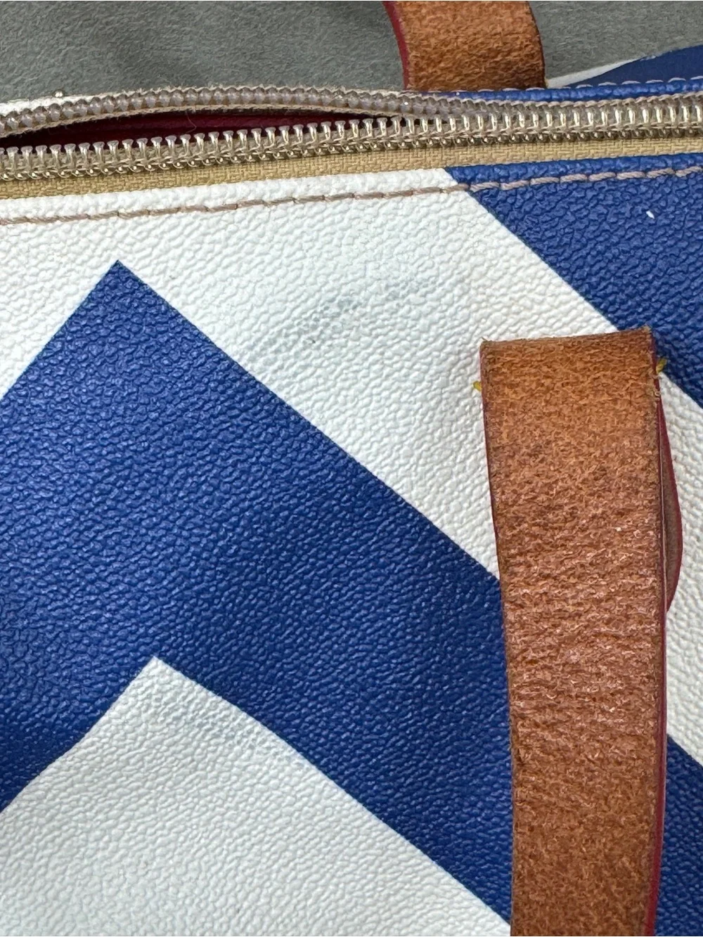 Dooney & Bourke Blue and White Chevron Duffel with Brown Leather Trim